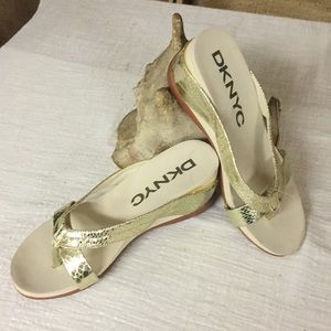 DKNYC Gold Thong Wedge Sandals